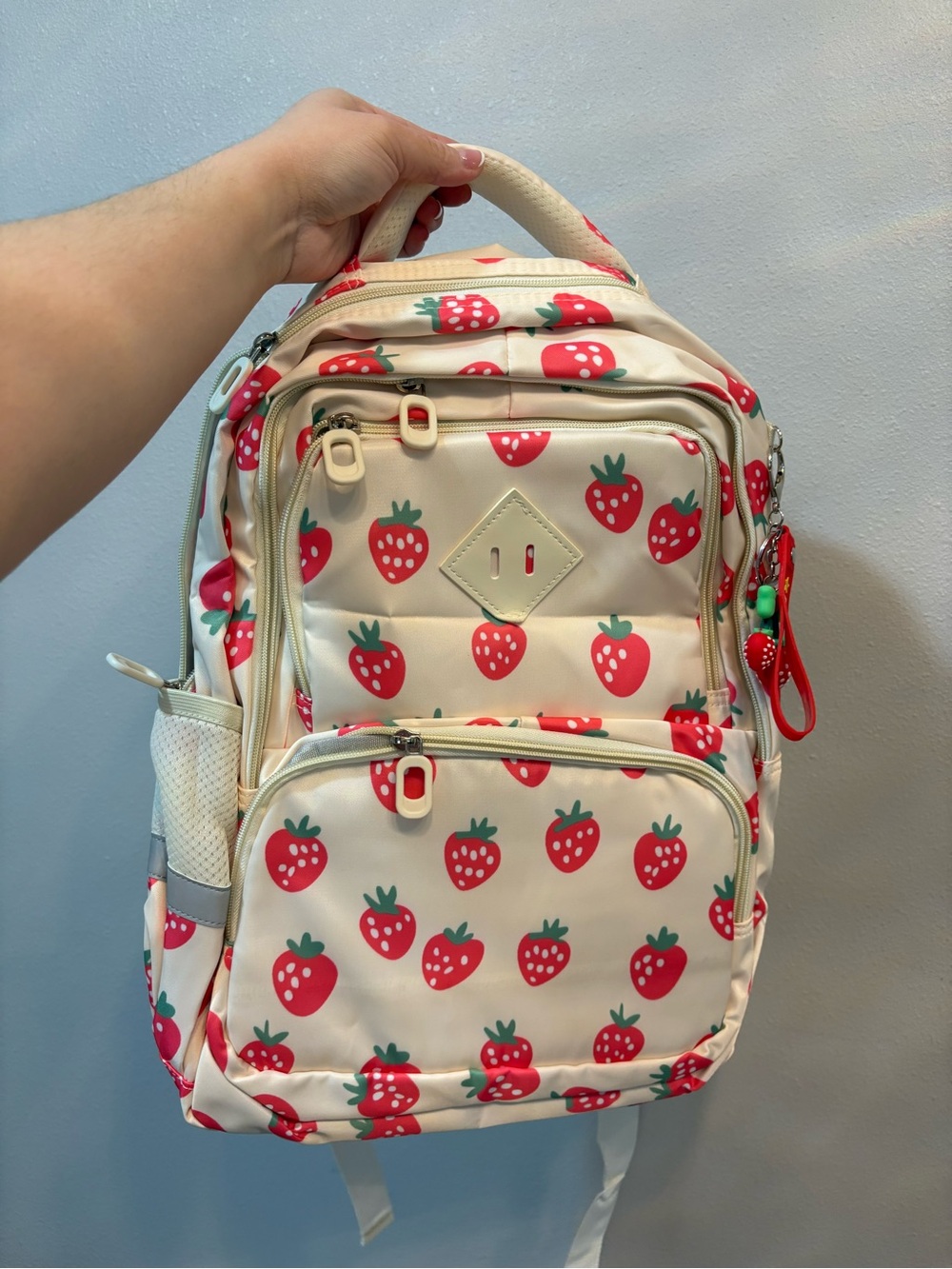 Strawberry Print Backpack — Cream with Red Accents